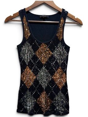 Vintage Y2K Express Sequin Argyle Tank Top Black Gold Silver S